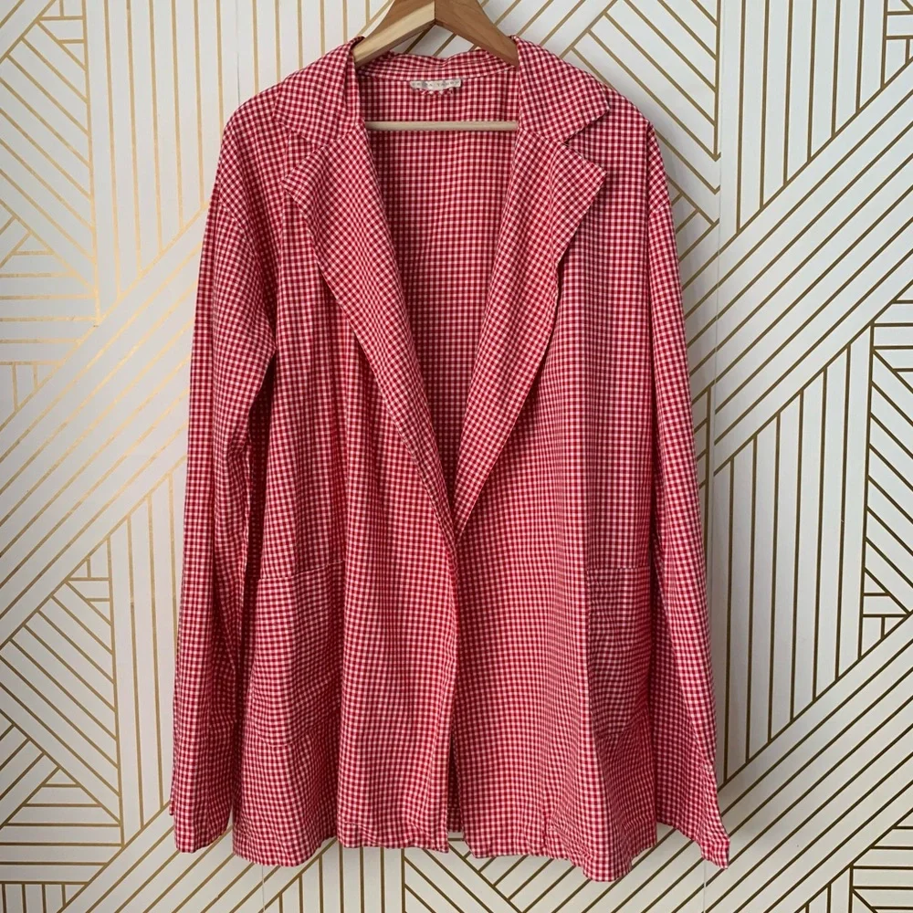 Erica Tanov cotton gingham open front long line blazer jacket Lagenlook boho S